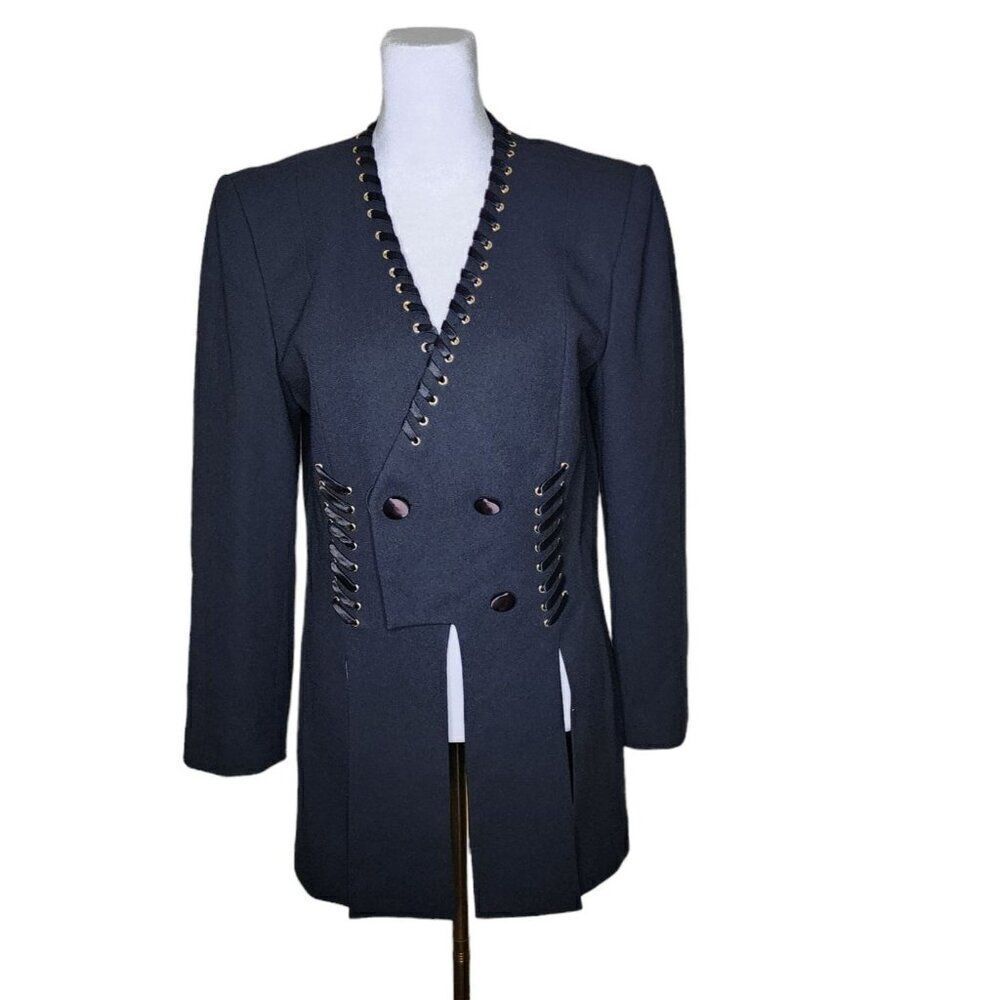 Lorina La Zinni Vintage 90s Lace-Up Split Blazer Women Size 8 Black